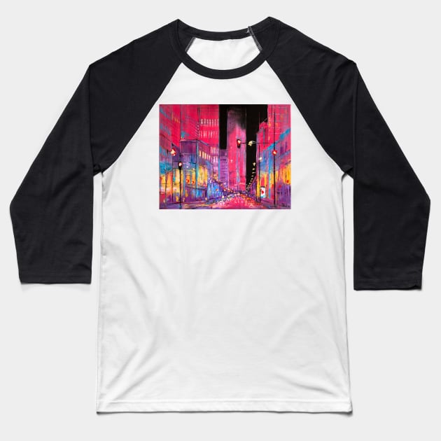 Neon Chicago At Night Baseball T-Shirt by NataliaShchip